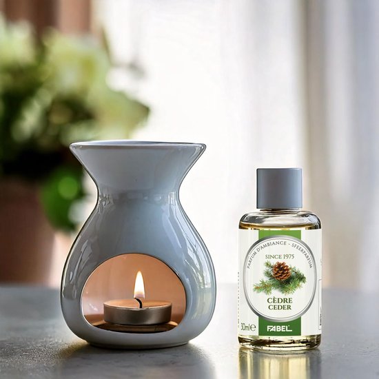 Fabel Sfeerparfum Cèdre naast een witte geurbrander met brandende kaars.