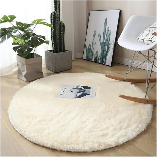 Tapis rond en peluche - Diamètre 100 cm - Antidérapant - Convient pour salon, chambre d'enfant, Tapis moelleux, chevets et salles de jeux - Beige