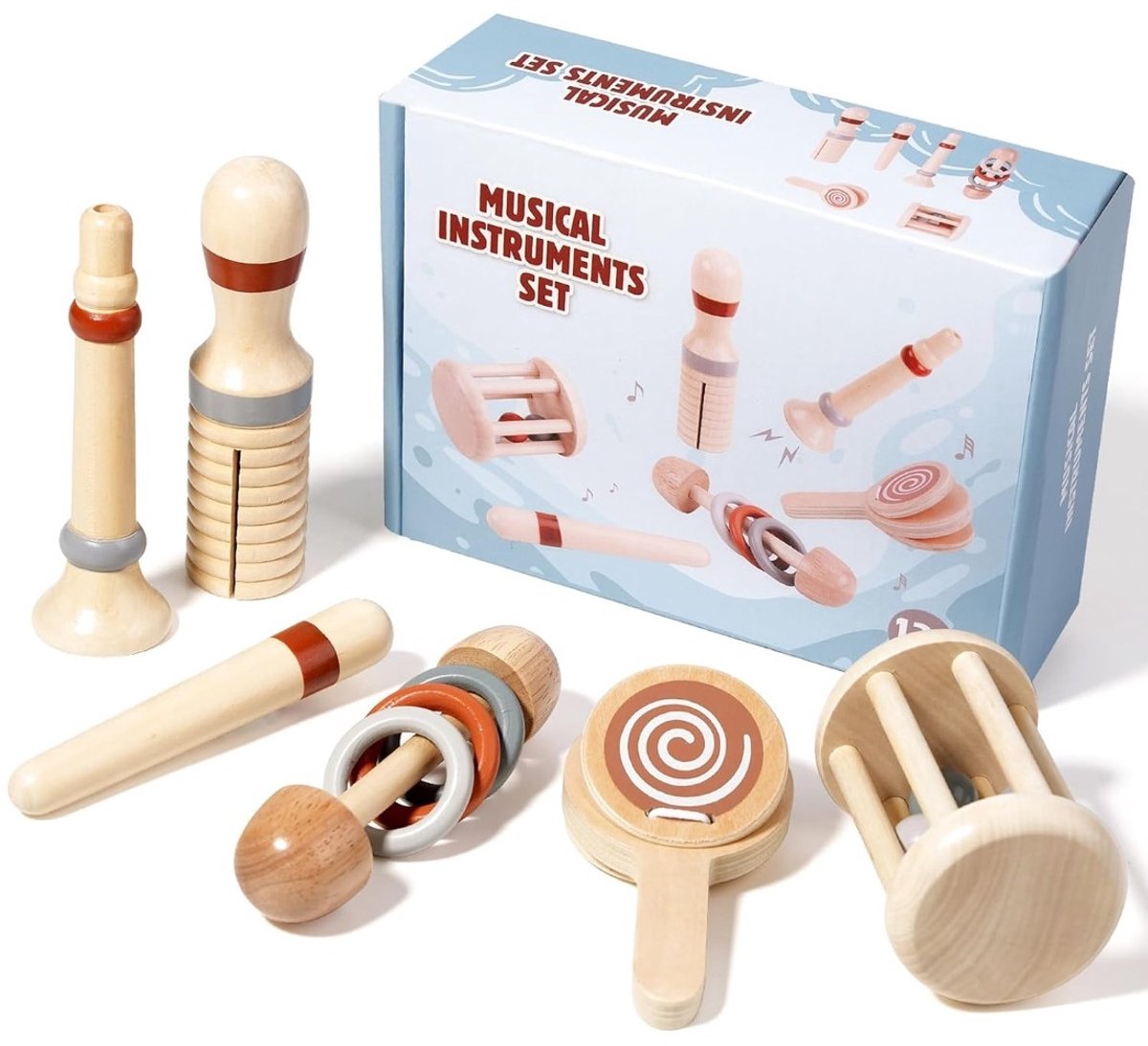 Image of 5-delige Houten Muziekinstrumentenset, Montessori Babyspeelgoed (3-12 Maanden), Montessori Speelgoed, Muzikaal Speelgoed Voor Baby's, Zintuiglijke Training