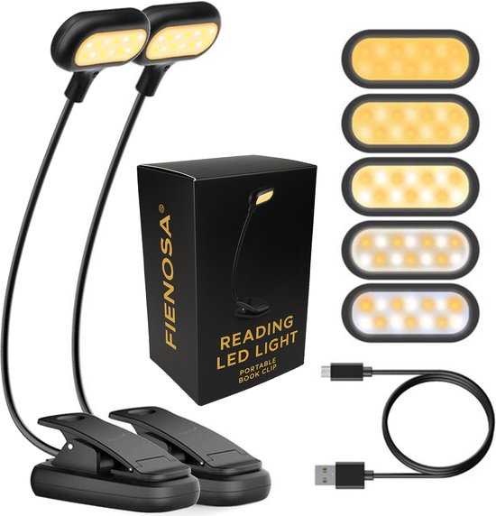 Fienosa LED Leeslampje voor boek met klem - 2 stuks - Bureaulamp - Klemlamp met Flexibele Nek - Filtert Blauw Licht - USB Oplaadbaar - Dimbaar - Wit en Warm Wit - Diverse lichtstanden - Energiezuinig - Bed - Nachtkastje
