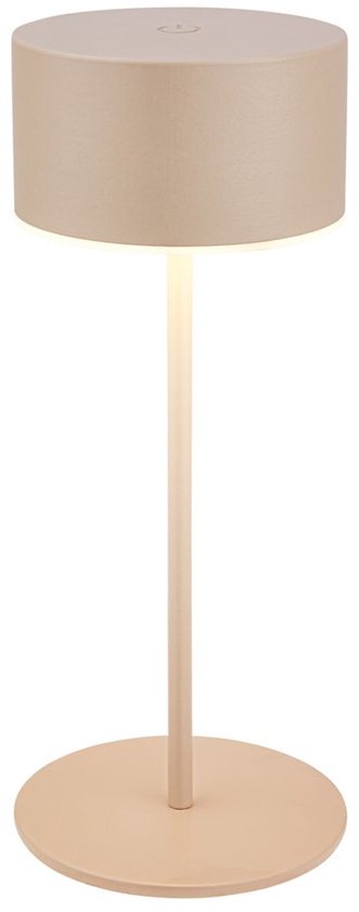 Beige, draagbare tafellamp met een ronde voet, slanke stang en een cilindervormige lampenkap.