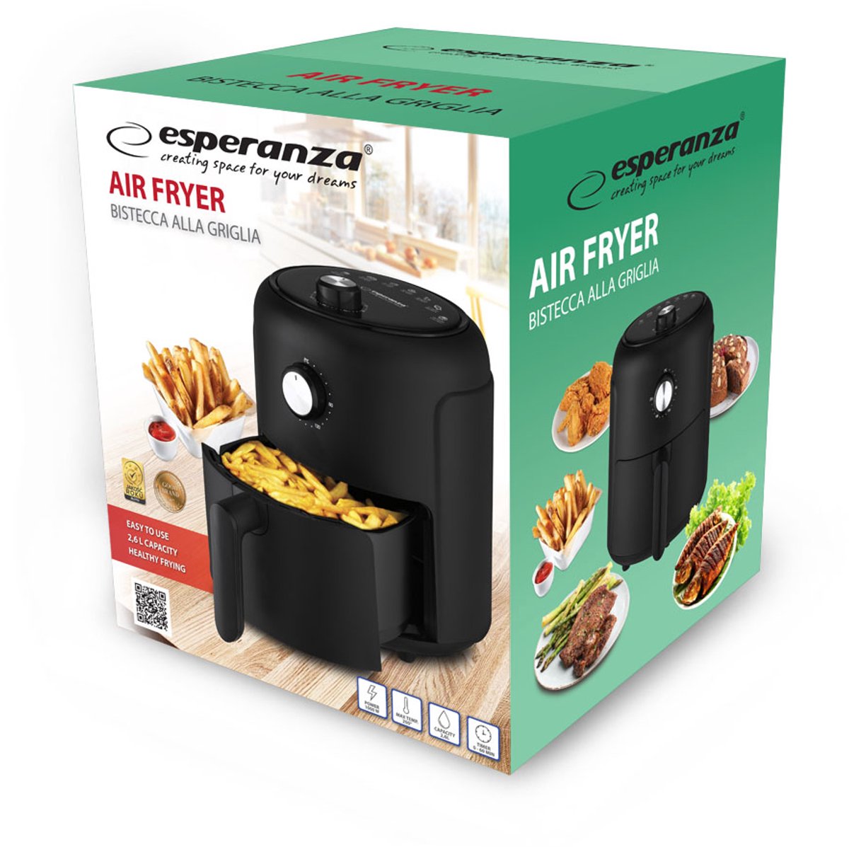 Esperanza Heteluchtfriteuse – 2,6L – 1000W – Olievrij frituren – Compact design – Timer & temperatuurregeling — afbeelding 4