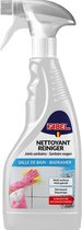 Fabel Sanitaire Reiniger in een doorzichtige witte spuitfles. De fles heeft een ergonomisch handvat en een label met "Fabel NETTOYANT REINIGER" en een afbeelding van handen met roze handschoenen die schoonmaken.