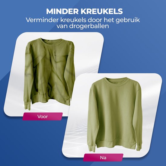 Sweatshirt vert avant utilisation de boules de séchage avec des plis et après utilisation sans plis.