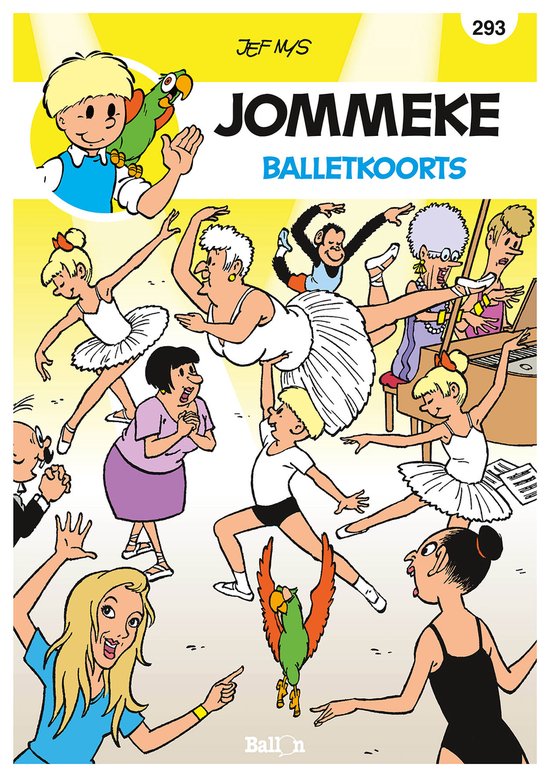 Jommeke 293 Balletkoorts cover: Jommeke en apen, papegaai en balletdansers in grappige poses.