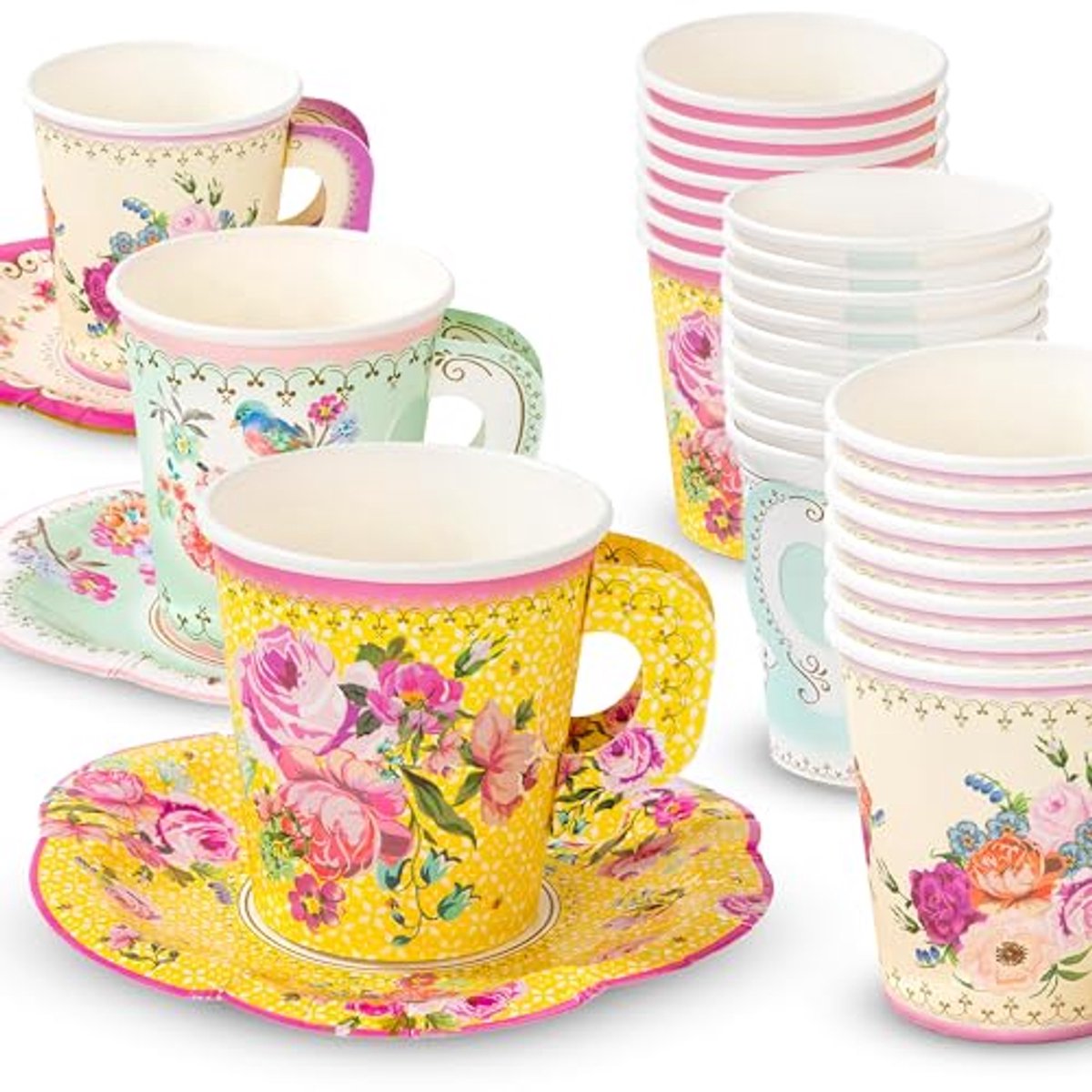 Papieren Bekers Set met Schotels en Kopjes - Vintage Bloemen Thema - Perfect voor Feestjes