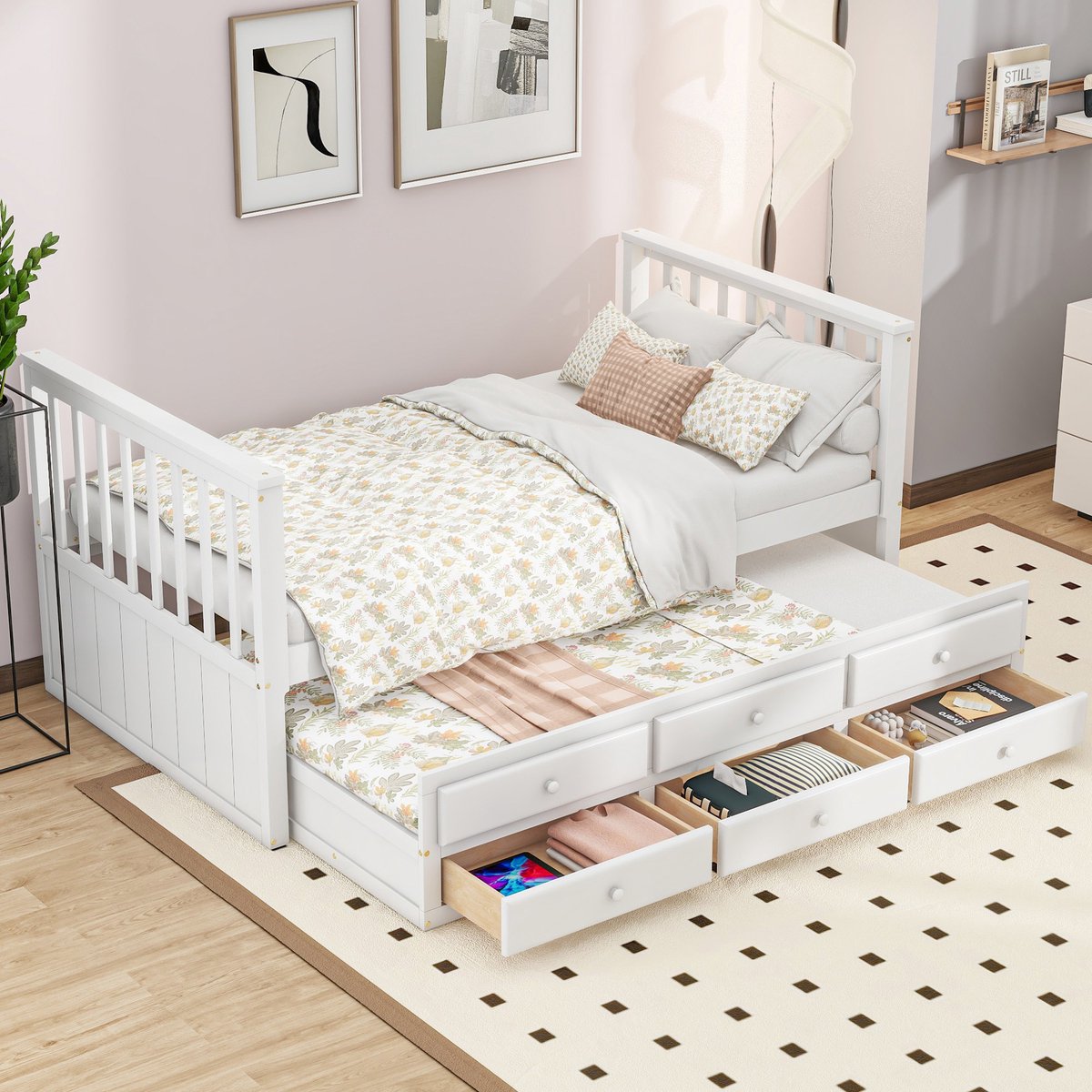 Merax 90x200cm (90x190cm) eenpersoonsbed - kinderbed - met uitschuifbaar bed - met drie lades - wit - zonder matras