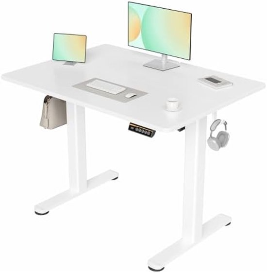 Verstelbaar bureau - Elektrisch in hoogte verstelbaar bureau 100x60 cm - Sta-bureau met geheugenfunctie - Ergonomische computertafel met kabelbeheer en botsingsbeveiliging - Wit
