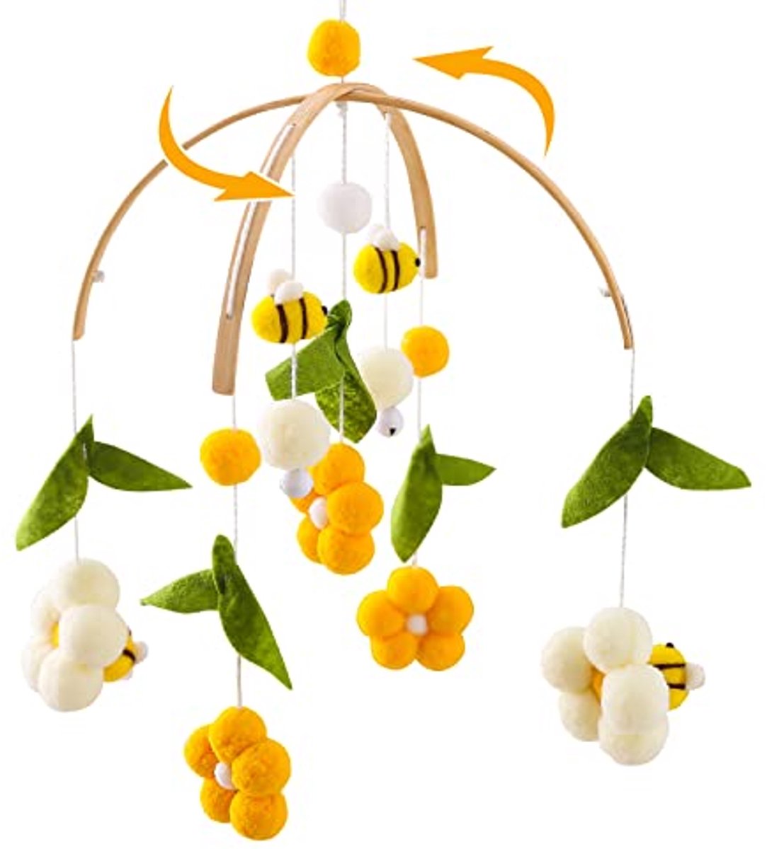 Houten mobiel met vilten ballen, bij en bloemen - voor baby's en kinderkamer decoratie