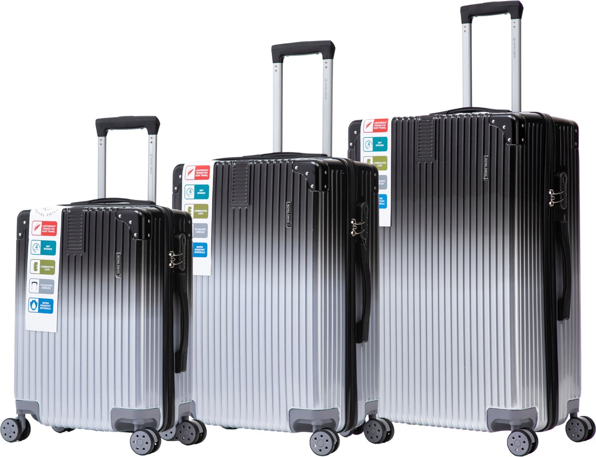 Royal Swiss® Kofferset – 3-delige Polycarbonaat Hardcase Reiskoffers – Lichtgewicht – 360° Spinnerwielen – Cijferslot – Waterafstotend – Zwart/Zilver