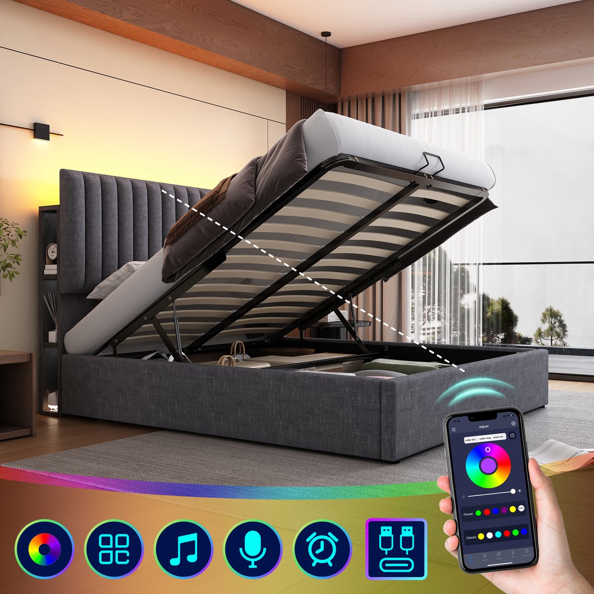 SINGULARITY-Gestoffeerd bed met opbergruimte- tweepersoonsbed- LED-bed met USB Type C- opbergruimte en verstelbaar hoofdeinde- 140x200cm grijs zonder matras