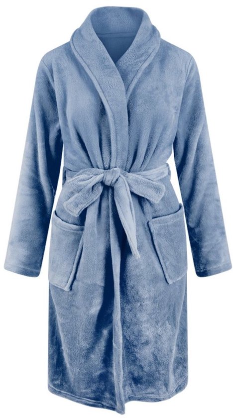 Peignoir bleu ciel en polaire, col châle et ceinture.