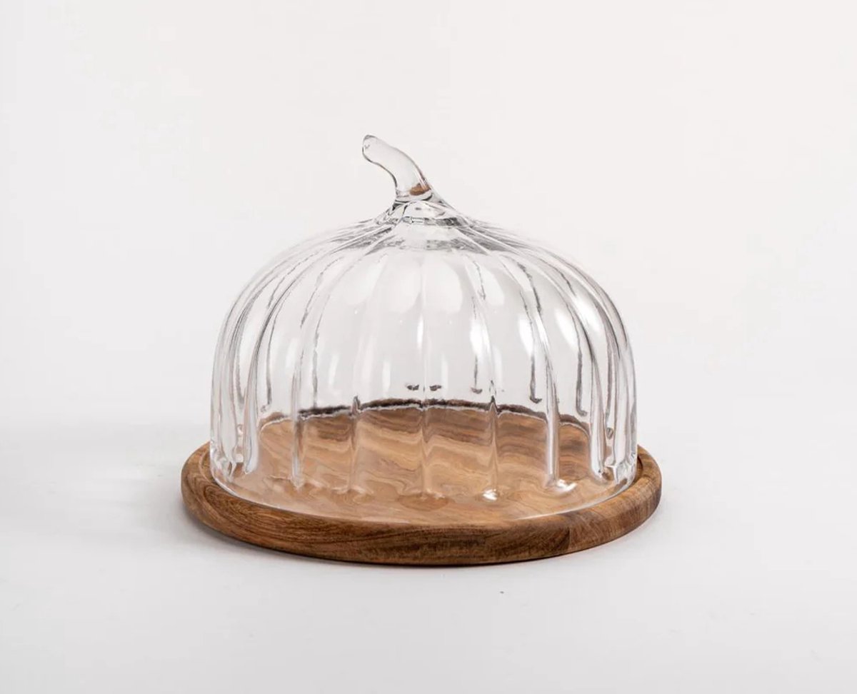 Borosilicaat taartplateau met bamboe onderbord – Ø30 cm – luxe taartplateau – met deksel – elegant design