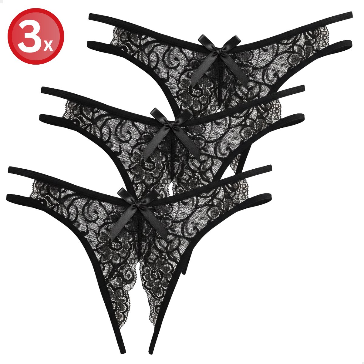 RENALUX Sexy String Open Kruis - Open Kruis Lingerie Erotisch - Open Kruis String - Lingerie Erotisch Open Kruis - Lingerie Setje Vrouwen - Dames Ondergoed - Dames Onderbroeken - Zwart - 3 Stuks - L/XL