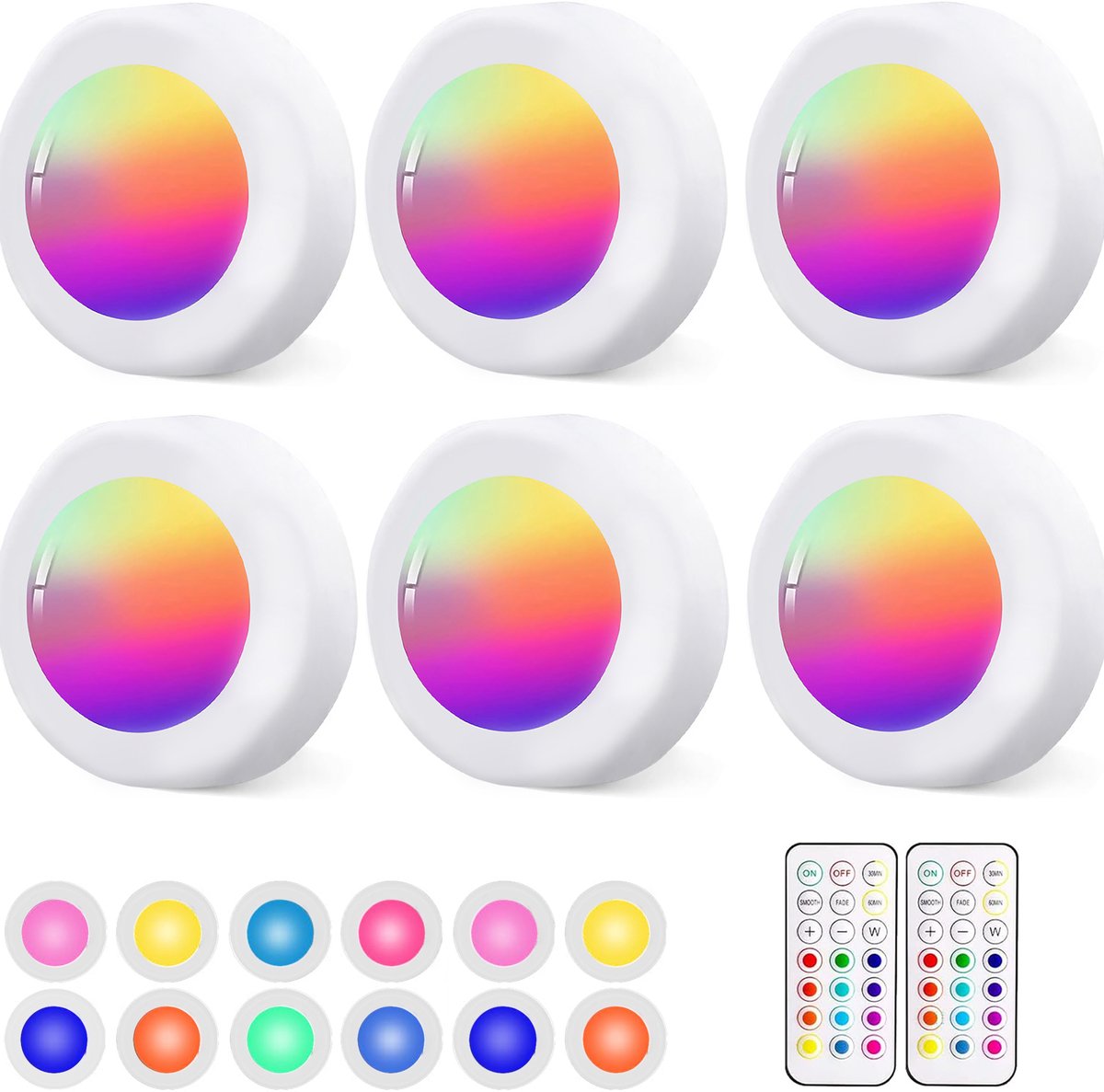 ibettertec - 6stuks LED kast wand nacht lamp - verlichting - 16 kleuren inclusief afstandbieding - nachtlampje - woonkamer slaapkamer - Trapverlichting draadloos - op batterijen
