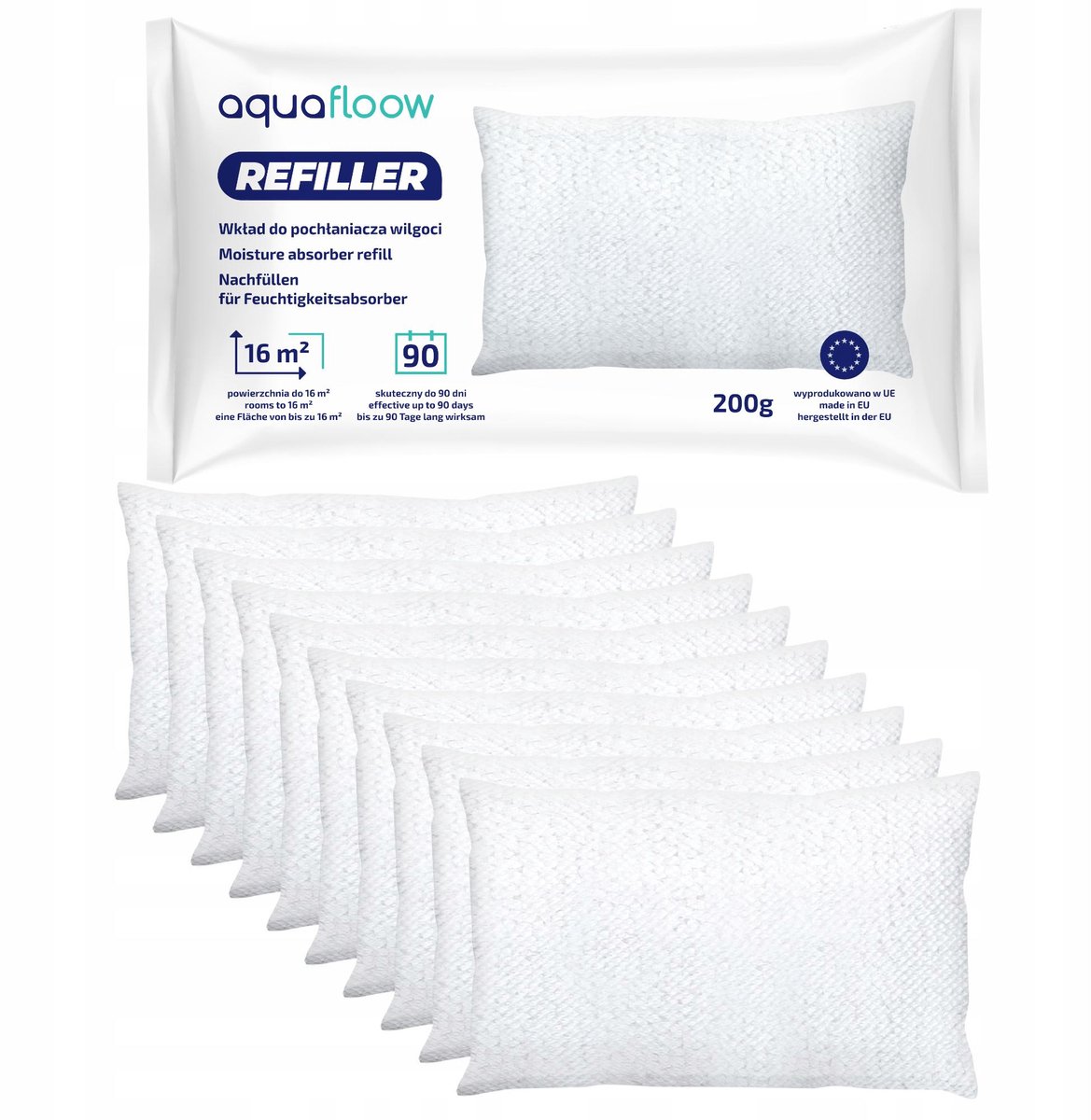 Aquafloow 10x Navulzak Granulaat 200 g, Navulverpakking voor ruimte ontvochtiger, voor ruimtes tot 16 m², voorkomt onaangename geure