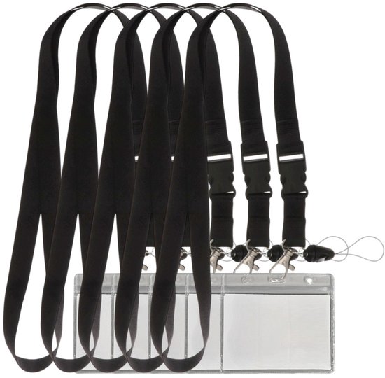 Vijf zwarte keycords met kunststof clip, karabijnhaak en doorzichtige badgehouders.