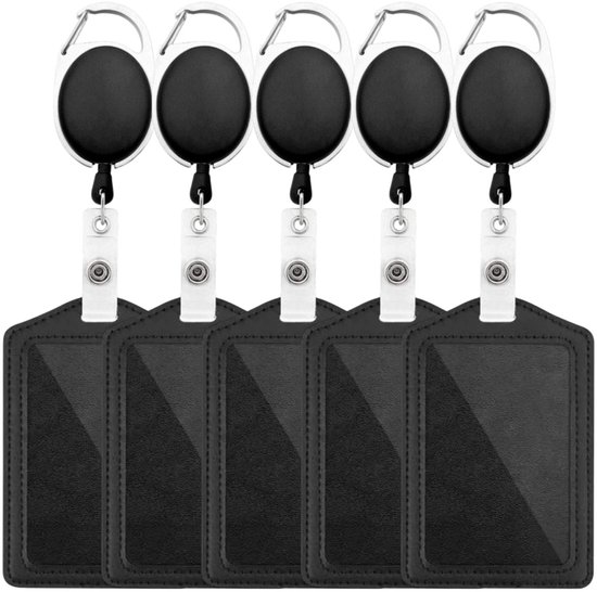 Set van 5 zwarte PU lederen badgehouders met uittrekbare sleutelhangers.