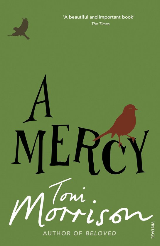 Boekcover 'A Mercy' van Toni Morrison met een rode vogel en twee vliegende vogels op een groene achtergrond.