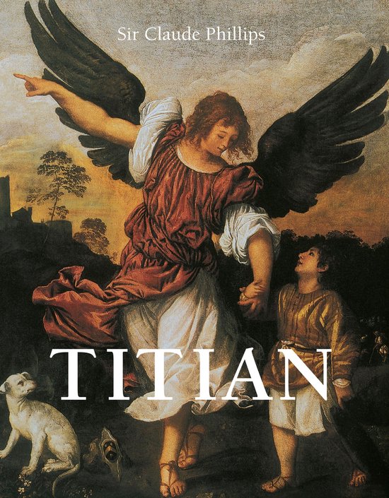 Boekomslag met Titiaan-schilderij: een engel met donkere vleugels leidt een kind in een landschap.