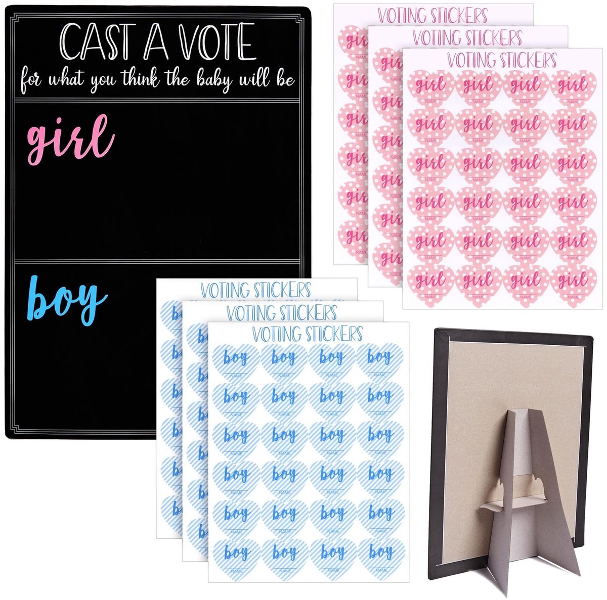 Genderonthulling Spellen - Krijtbord Stembord 30,5 x 43,2 cm - Inclusief 144 Stemstickers voor Jongens en Meisjes