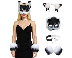 Joya Party® Verkleedset Vos Volwassenen Zwart Wit | Masker + Oren Haarband + Vacht Handschoenen + Choker Ketting | Vos Accessoire Set | Dierenmasker | Kat Verkleed Accessoires | Verkleed Kostuum Sexy Fox | Halloween Carnaval