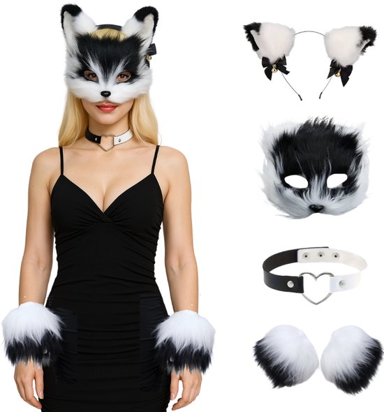 Joya Kids® | Verkleedset Vos Volwassenen Zwart Wit | Masker + Oren Haarband + Vacht Handschoenen + Choker Ketting | Vos Accessoire Set | Dierenmasker | Kat Verkleed Accessoires | Verkleed Kostuum Sexy Fox | Halloween Carnaval