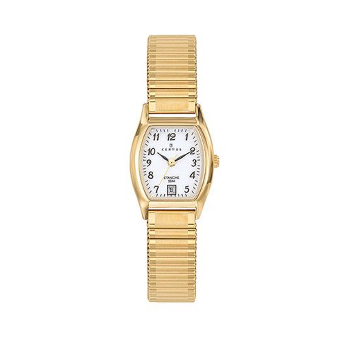Certus-Dameshorloge-model 630605-rekbare band-Datum-ovaal-goudkleurig-5 atm waterdicht -Duidelijke wijzerplaat-22 mm-made in France