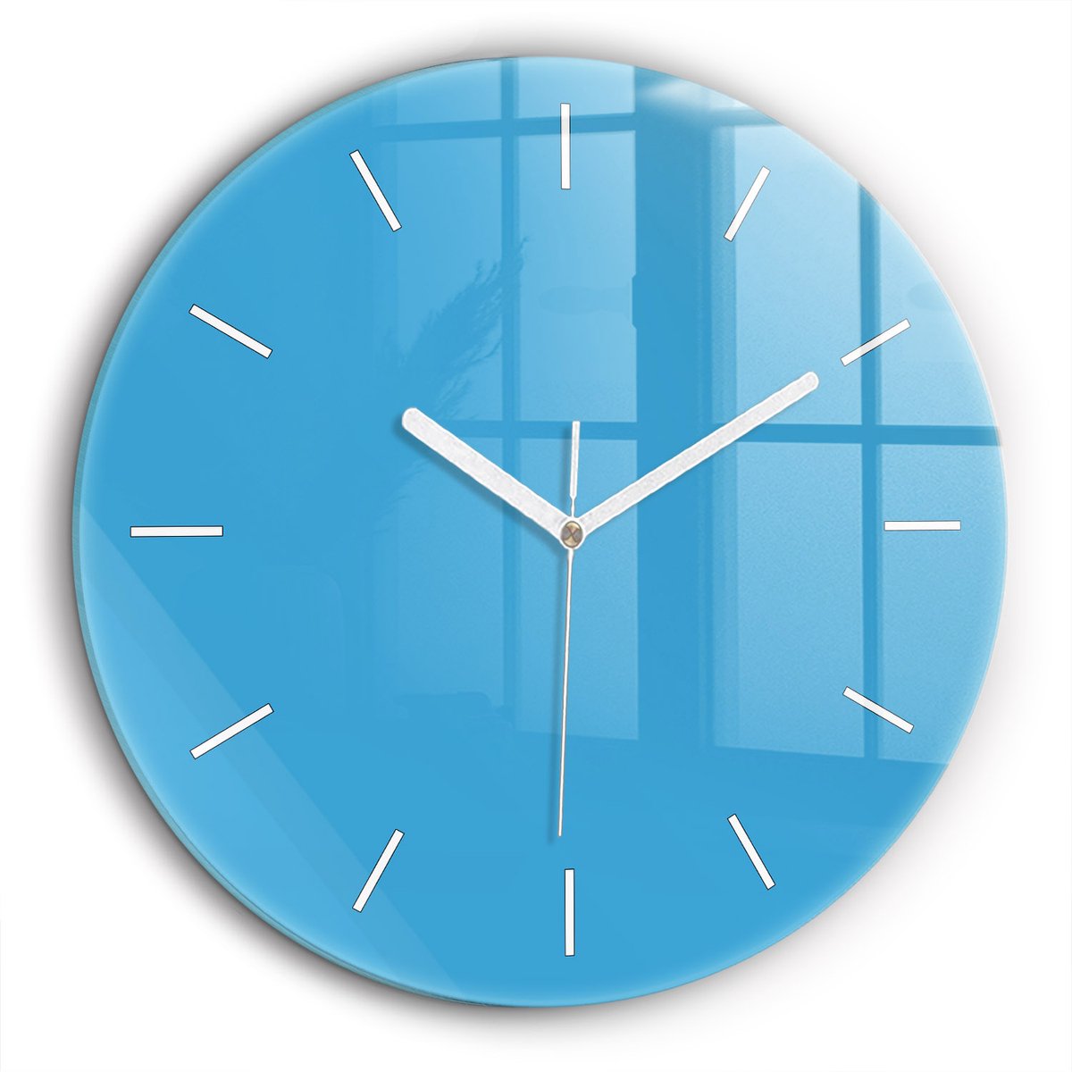 Wallfluent Wandklok - Blauw Ronde Glas Klok - 60 cm x 60 cm - Blauw Wandklok - Witte Handen - Wandklok Zonder Cijfers - Wandklok voor in de Keuken - Ronde Glazen Klok - Minimalistisch Wandklok - Ronde Glazen Wandklok