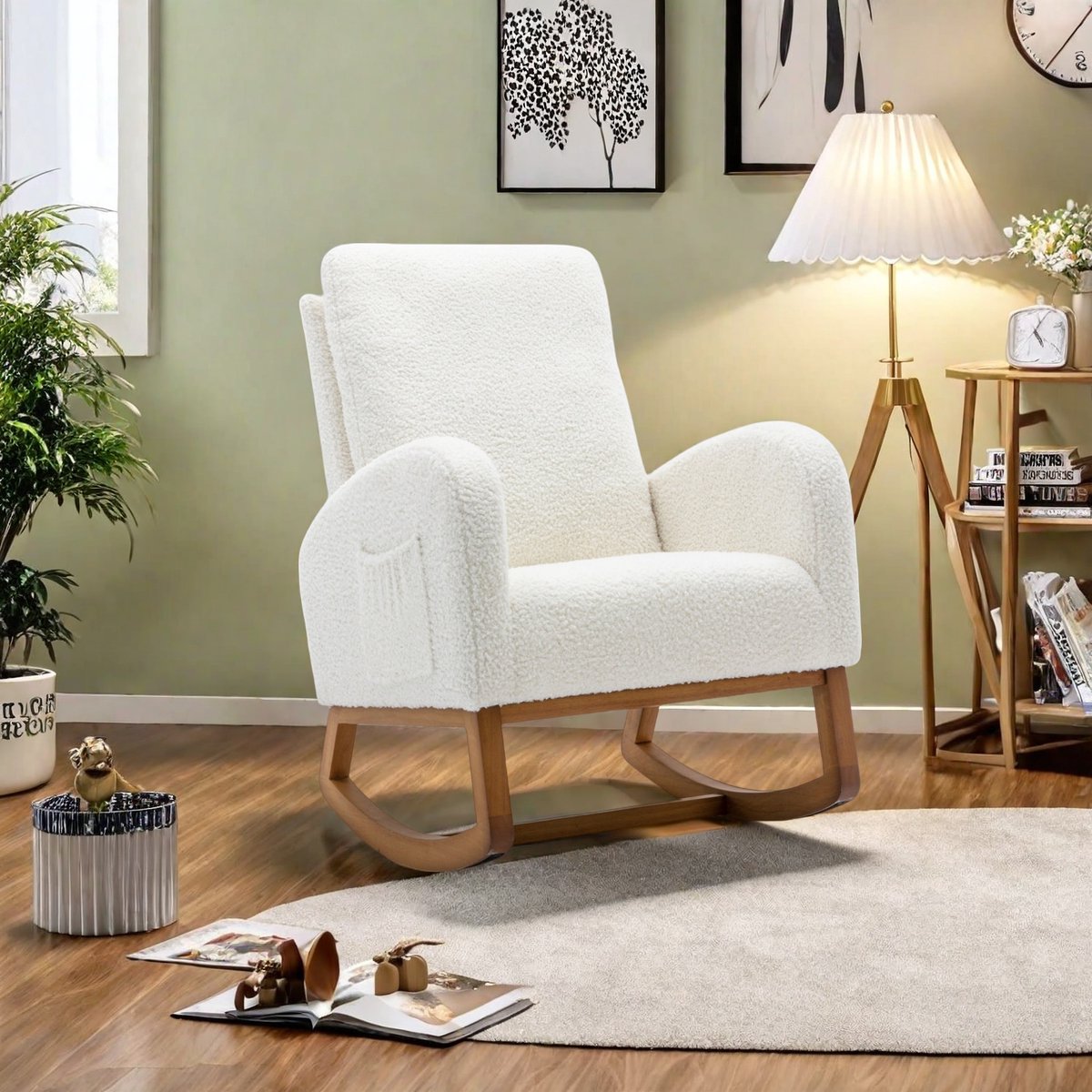 Schommelstoel – Witte Teddy Fauteuil, Comfortabele Relaxstoel met Armleuningen, Modern Design