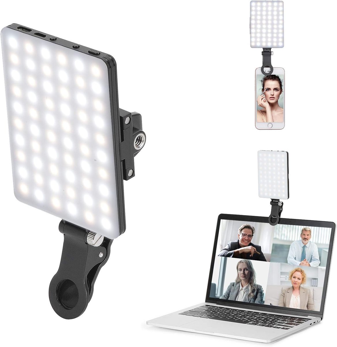 Krachtige Oplaadbare 60-LED Videovergaderlamp - Met Voor- En Achterbevestiging - 3 Instelbare Verlichtingsmodi - Geschikt Voor Smartphones - Tablets - Laptops - Make-up - Social Media En Meer