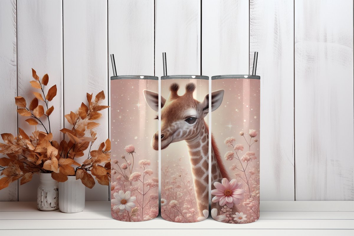 Tumbler met Anti-lekdop – Giraffe met Bloemen en Roze Achtergrond – Thermosbeker voor Warme en Koude Dranken – 600 ml – Cadeau voor Kinderen & Volwassenen – Vaatwasserbestendig – Trendy nu