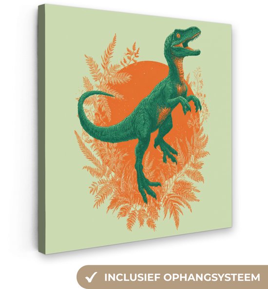 Canvas schilderij 20x20 cm - Exclusieve wanddecoratie Dinosaurus - Groen - Planten - Cirkel - Kinderkamer schilderijen - Muurdecoratie babykamer jongen - Kamer decoratie voor jongens - Baby accessoires