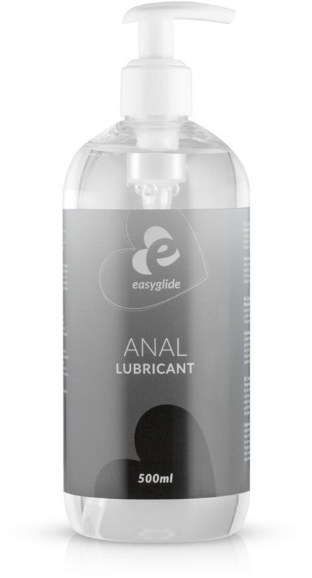 Easyglide anale glijmiddel in een doorzichtige pompflacon van 500 ml met grijs etiket.