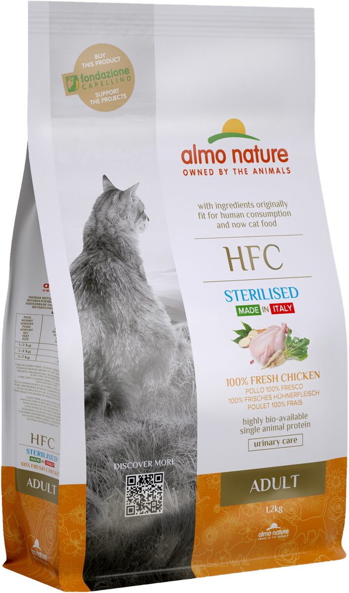 Almo Nature - HFC Adult Sterilized brokken voor gecastreerde / gesteriliseerde katten - rund, kip, kabeljauw of zalm - 1,2kg, 300gr - Kip, Gewicht: 1,2kg