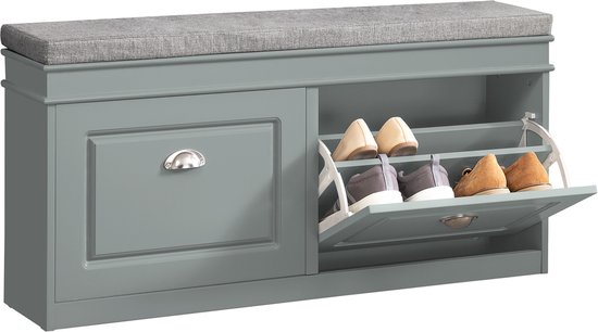 SoBuy FSR64-HG Schoenenkast met Zitkussen – Schoenenbank met 2 Kleppen – Schoenenrek met Opbergruimte – Grijs, MDF – 104x51x24cm