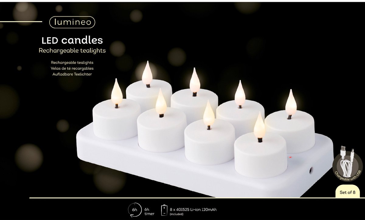 Lumineo LED Theelichtjes Wit – Set van 12, Oplaadbaar, Flikkereffect, Warm wit, D4,5 cm