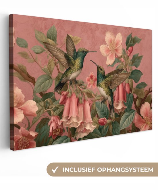 Canvas met twee groene kolibries zittend tussen roze bloemen. De achtergrond is roze met een subtiel patroon. Inclusief ophangsysteem.