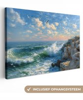 Tableau sur toile 120x80 cm - Décoration murale Mer - Vagues - Rochers - Mouettes - Décoration murale salon - Décoration chambre - Accessoires chambre - Peintures sur toile