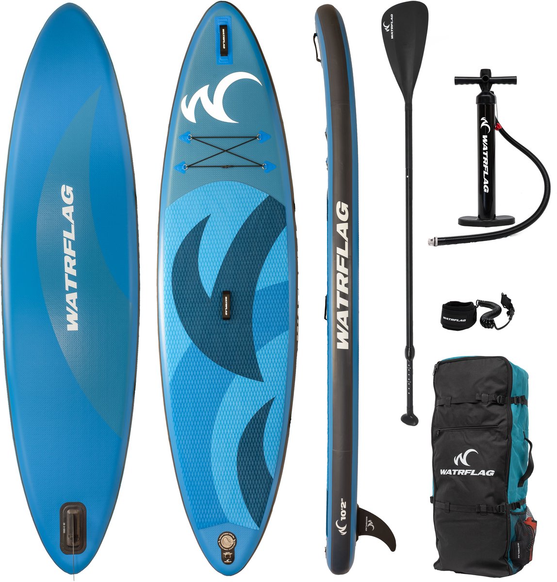 Watrflag Flow Blue SUP Board 10'2'' Set - 310 cm - Allround Opblaasbaar Stand Up Paddle Board met peddel, pomp, luxe rugzak 310