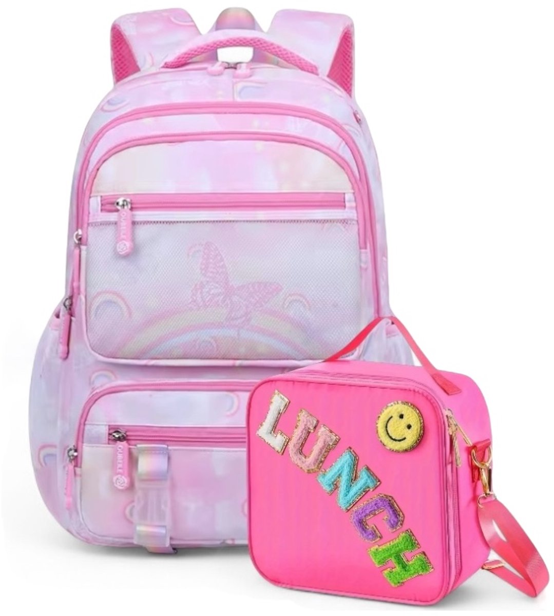 Ultiluxe® Schoolrugzak met lunchtas - Roze/lila/fuchsia - 2 stuks - Schooltas voor kinderen - 19 L en 2 L - Rugtas met vlinder en regenboog - Kleine velvet unicorn schoudertas met sterrenprint - 2-delige eenhoorn tassen set voor meiden
