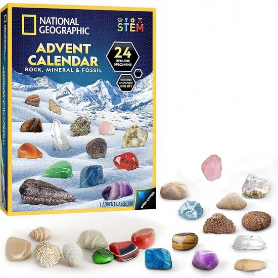 Adventskalender 2025-adventskalenders-adventkalender dames-national Geographic Rocks Adventskalender 2025 - Bevat 24 edelstenen, mineralen en fossielen voor kinderen - Complete edelsteen- en fossielencollectie Kerstaftelkalender