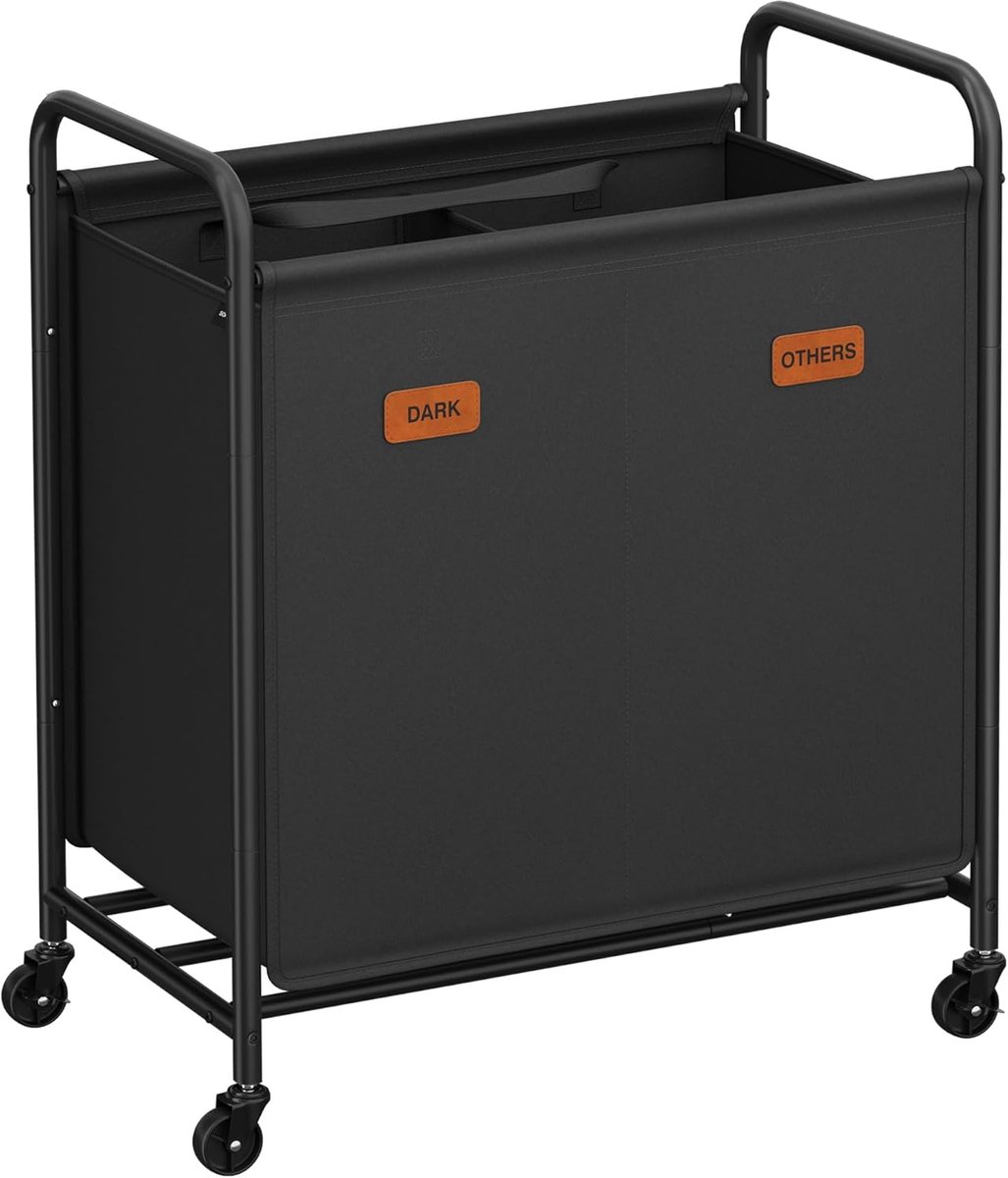Furnstar Wasmand - Wasmand met wieltjes - 2 vakken - 140L wassorteerder - Beweegbare waswagen - Met 5 etiketten - Voor bijkeuken slaapkamer badkamer - Inktzwart