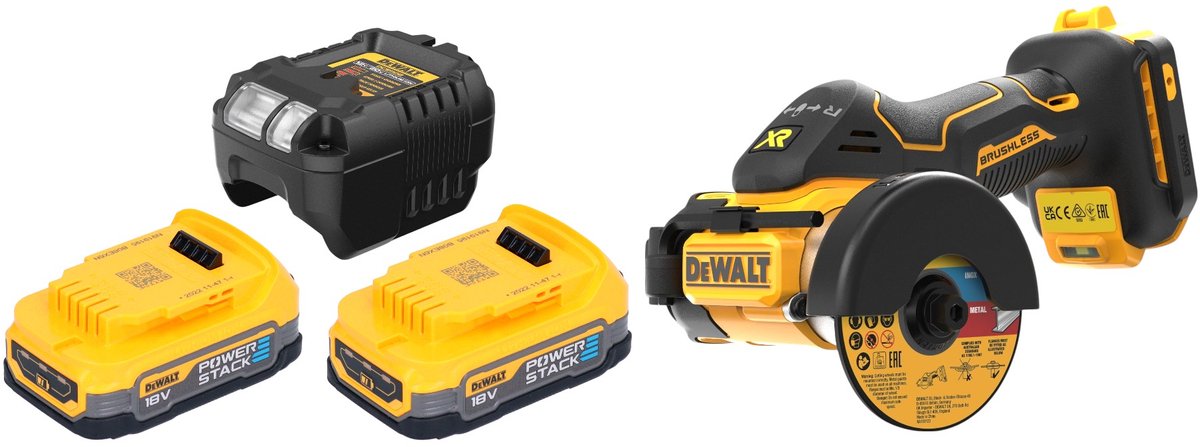 DeWalt DCS 438 E2 accu-multimateriaalzaag 18 V 76 mm borstelloos + 2x Powerstack-accu 1,7 Ah + oplader