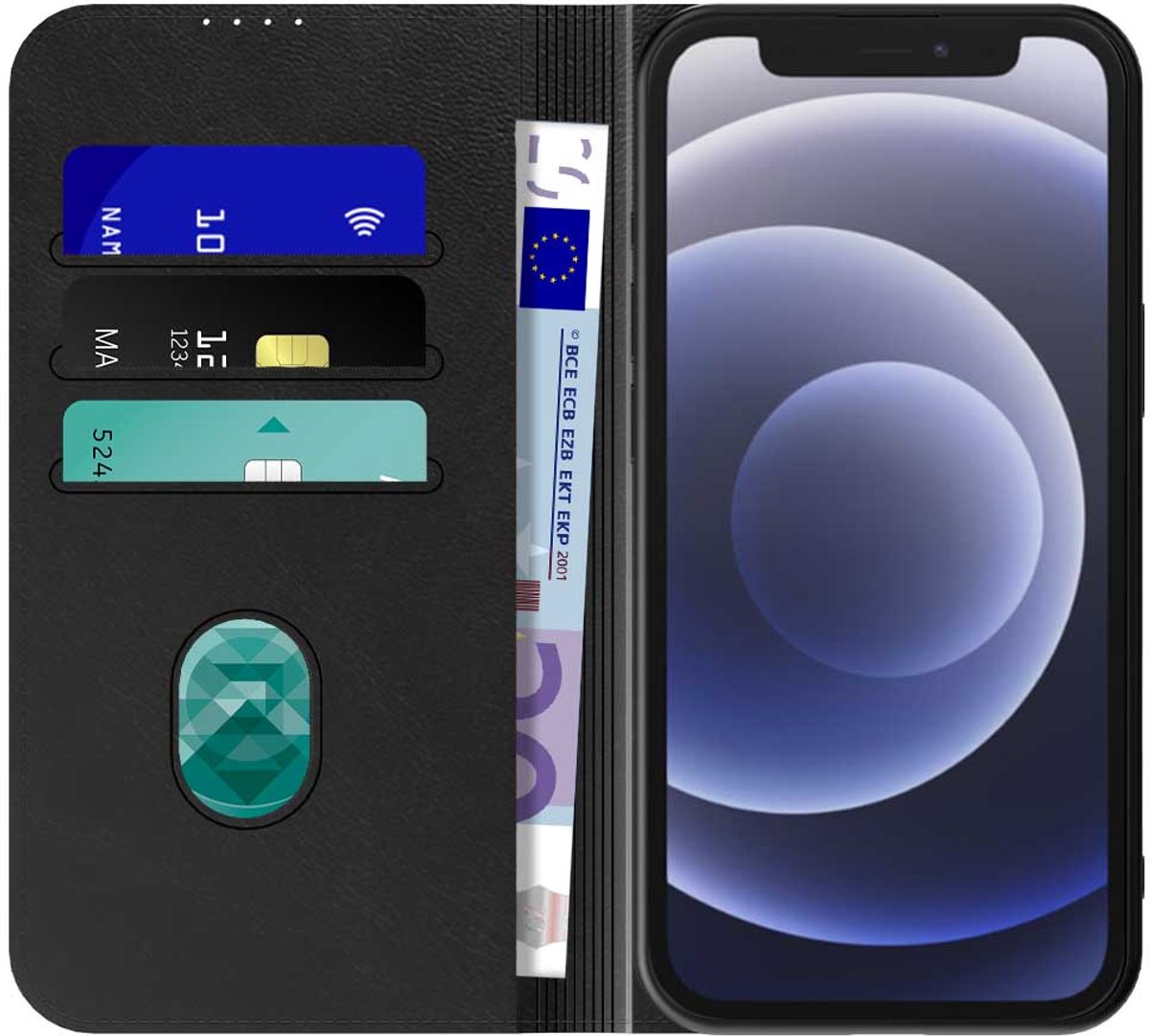 Geschikt voor iPhone 12 Mini Telefoonhoesje Zwart Kunstleer Met Magnetische Sluiting - Portemonnee BookCase Met Pasjeshouder - ProtX