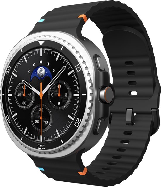 Zwarte ActiveFlex horlogeband met oranje en blauwe accenten, bevestigd aan een smartwatch.
