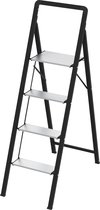Zwarte opvouwbare trapladder met 4 aluminium treden, zijaanzicht.