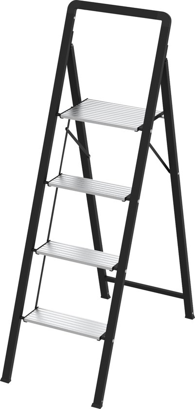 Zwarte opvouwbare trapladder met 4 aluminium treden, zijaanzicht.
