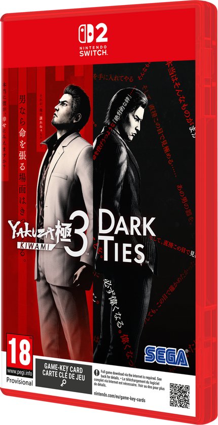 Cover van "Yakuza 3 & Dark Ties" voor Nintendo Switch. Twee mannen, één in wit, één in zwart pak.