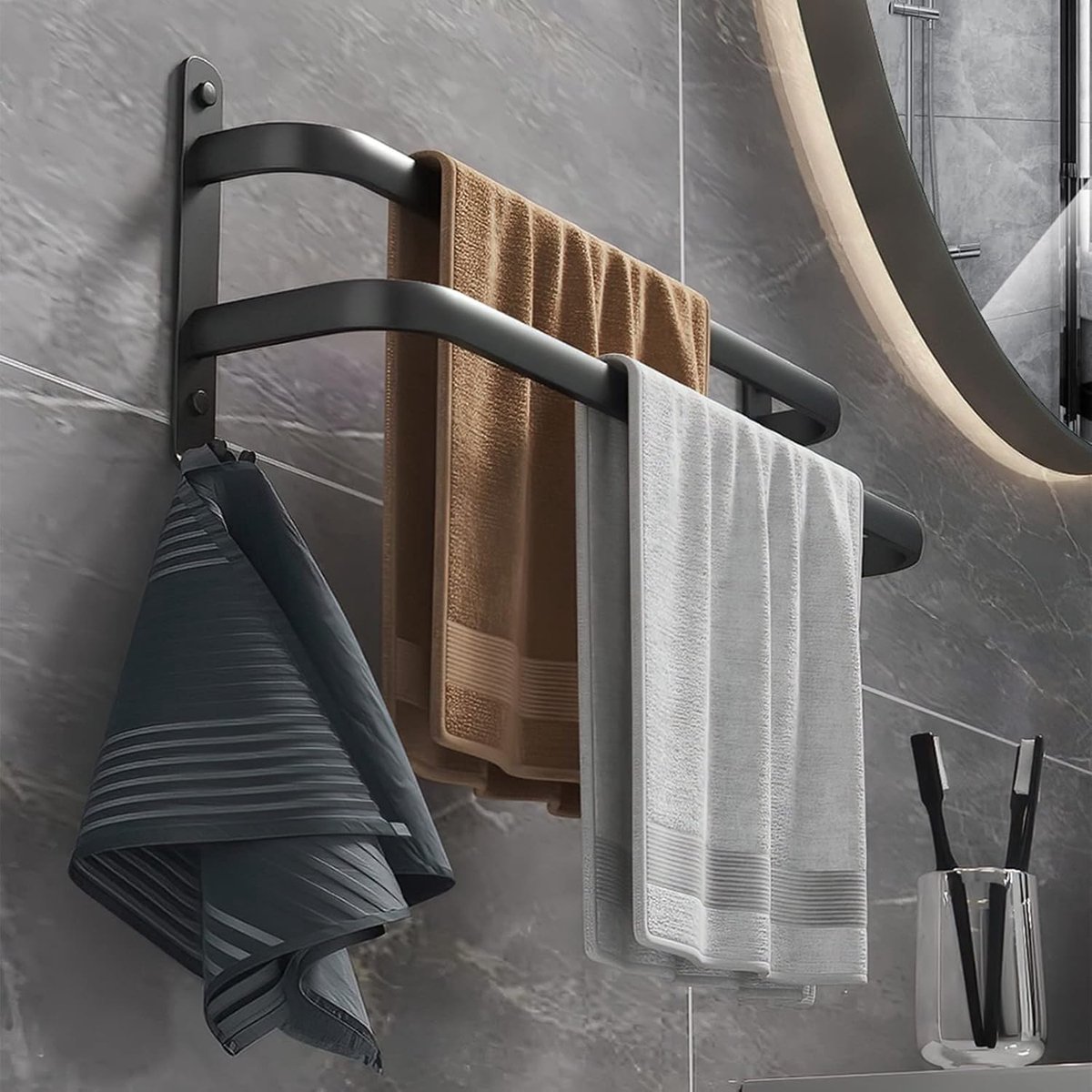 Handdoekhouder voor badkamer zonder boren - 40 cm, zwart met 2 haken